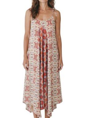 Nanette Lepore Midi Dress Boho Print Tie Shoulder Trapeze Summer Vacation Size 2